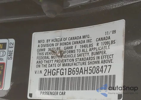 2010 Honda Civic Lx из США, поврежденный, VIN 2HGFG1B69AH508477